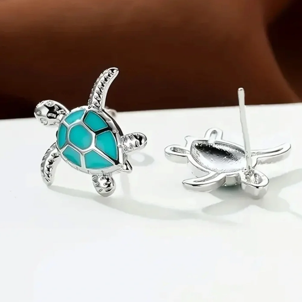 Turquoise and Silver Tone Sea Turtle Earrings - Picture 4 of 7
